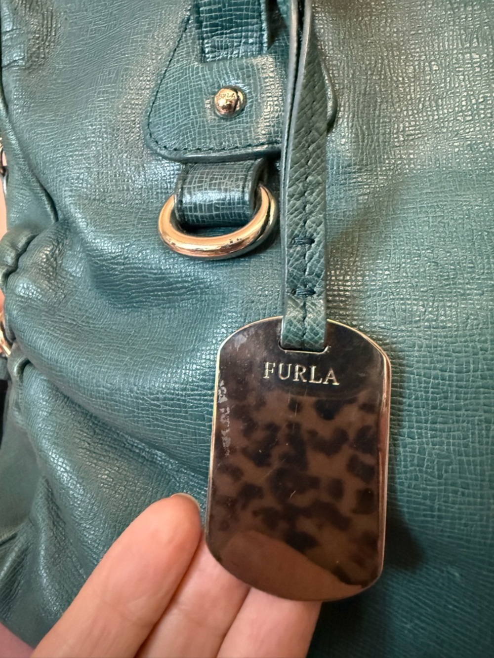 Authentic FURLA Teal Green Leather Satchel Shoulder Bag w Silver Hardware - Picture 5 of 16